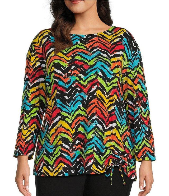 Multiples Plus Size Chevron Print Slub Knit Bateau Neck 3/4 Sleeve Drawstring Hem Top Product Image