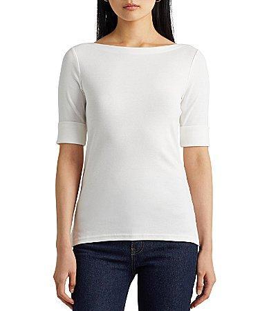 Lauren Ralph Lauren Stretch Cotton Blend Boat Neck Short Rolled Sleeve Shirt Product Image