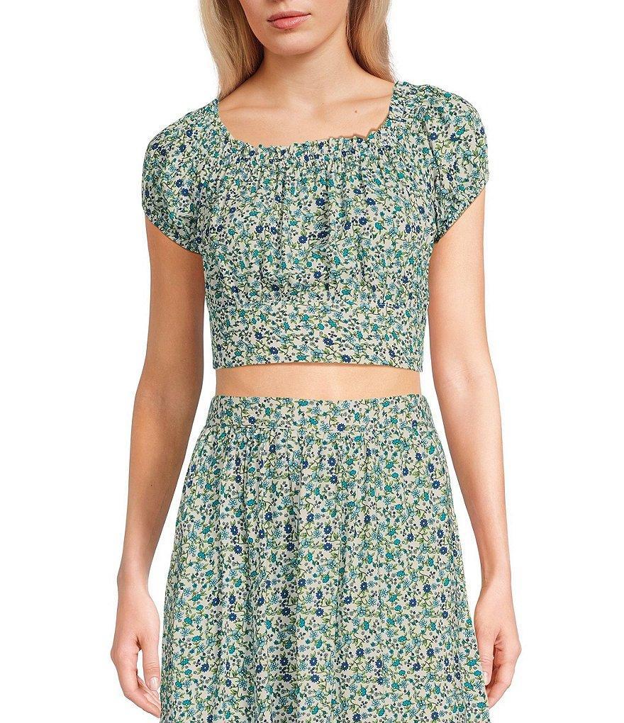 Love & Piece Coordinating Ditsy Floral Printed Short Sleeve Back Bow Crop Top Product Image