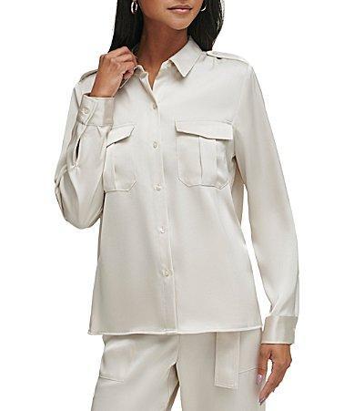 Calvin Klein Womens Cargo Pocket Satin Button Down Shirt - Beige Product Image