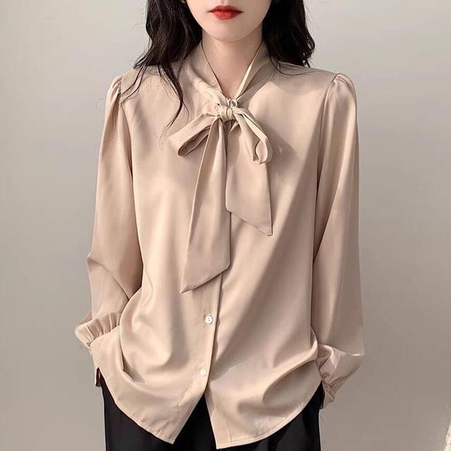 Long-Sleeve Ribbon Neck Plain Blouse Product Image