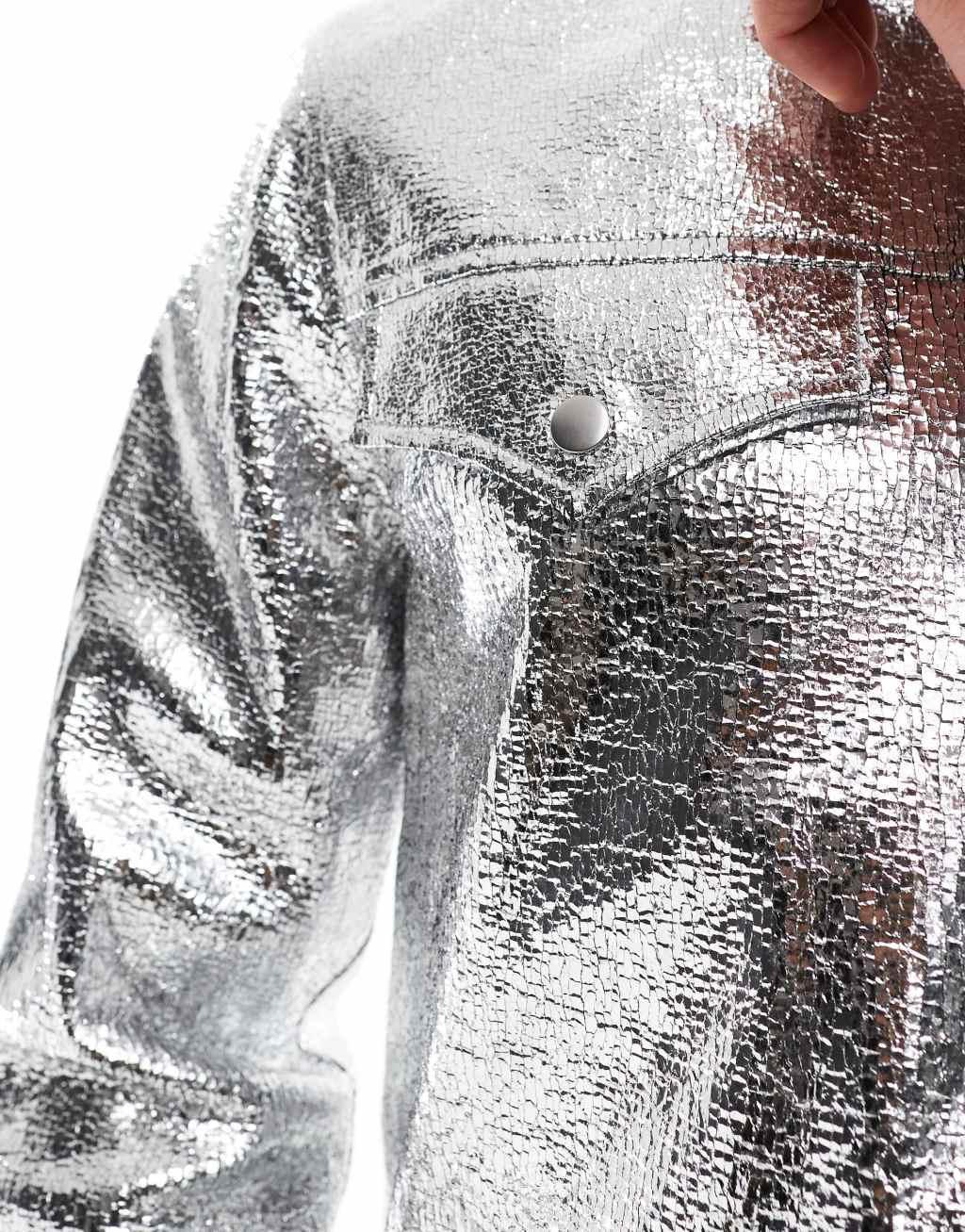 ASOS DESIGN faux leather western jacket in silver crackle Product Image