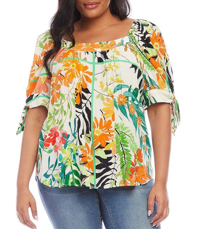 Karen Kane Plus Size Woven Wild Floral Print Square Neck Short Puff Tie Sleeve Top Product Image