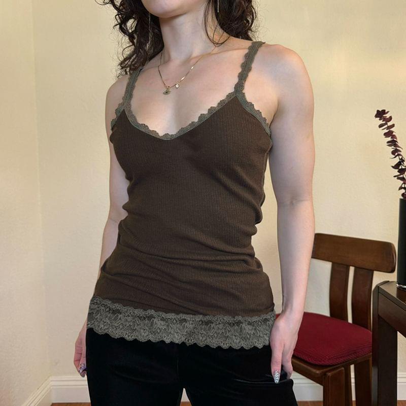 V-Neck Lace-Trim Plain Slim-Fit Tank Top Product Image