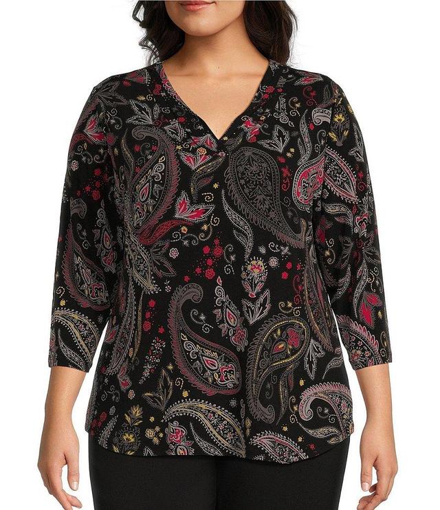 Allison Daley Plus Size Red Black Paisley Print 3/4 Sleeve V-Neck Pleated Knit Top Product Image