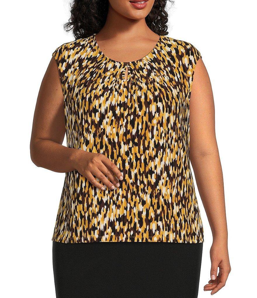 Kasper Plus Size Abstract Print Stretch Knit Jersey Crew Neck Cap Sleeve Blouse Product Image