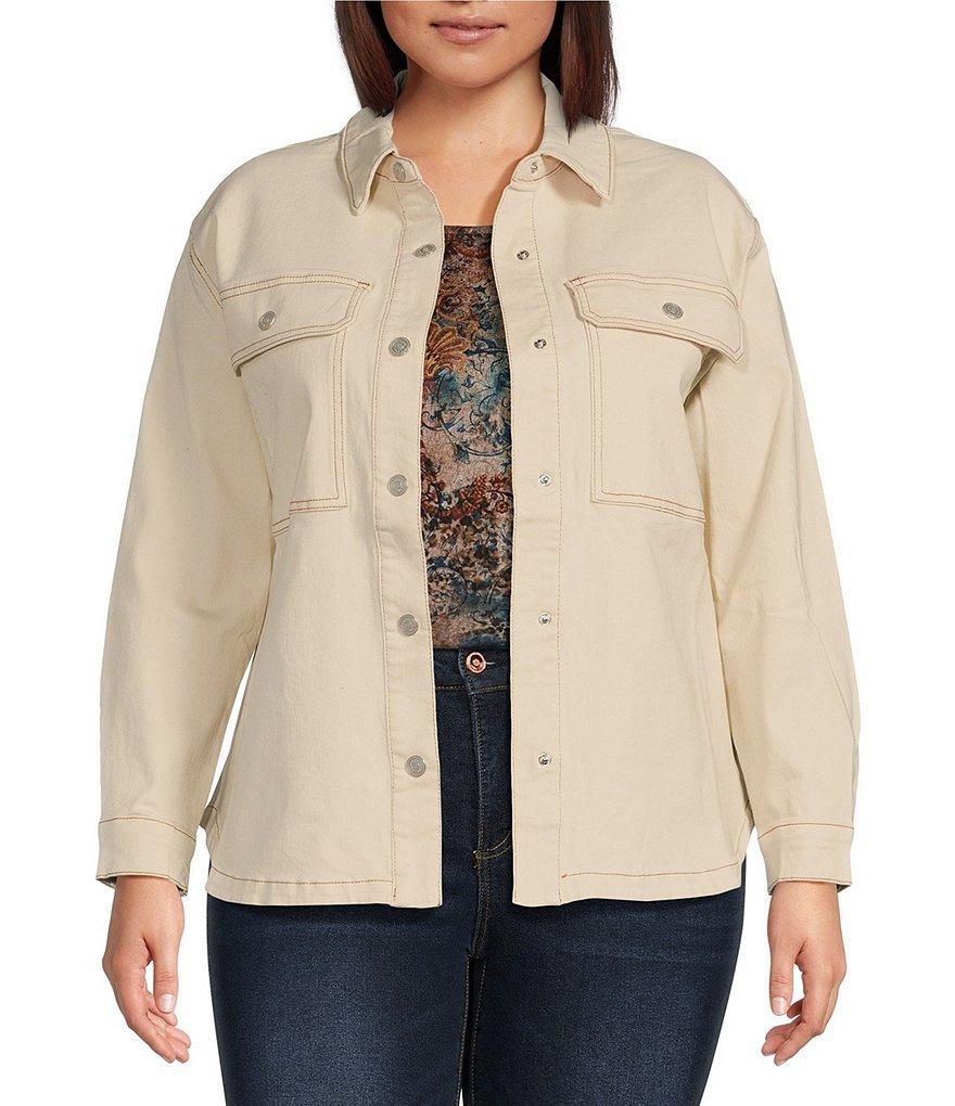 Code Bleu Plus Size Point Collar Long Sleeve Button-Front Denim Shacket product image