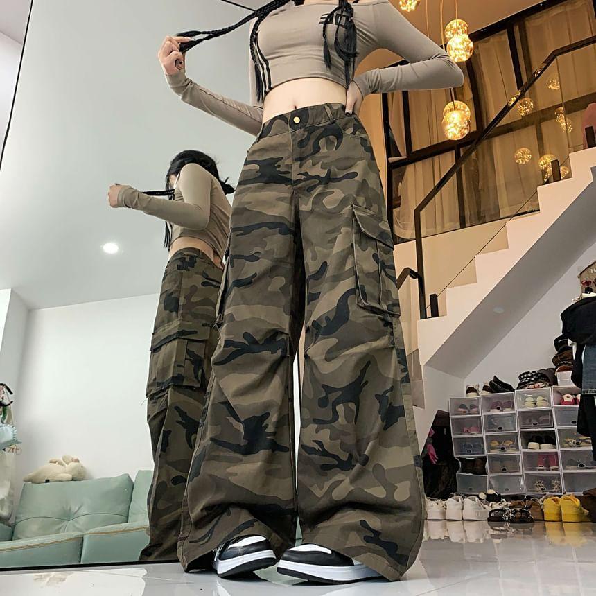 Mid Rise Camouflage Wide Leg Cargo Pants product image