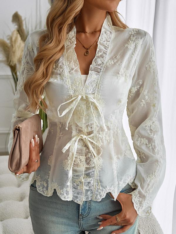 Long Sleeves Loose Embroidered Pleated See-Through Solid Color Tied Waist V-Neck Blouses&Shirts Tops Product Image