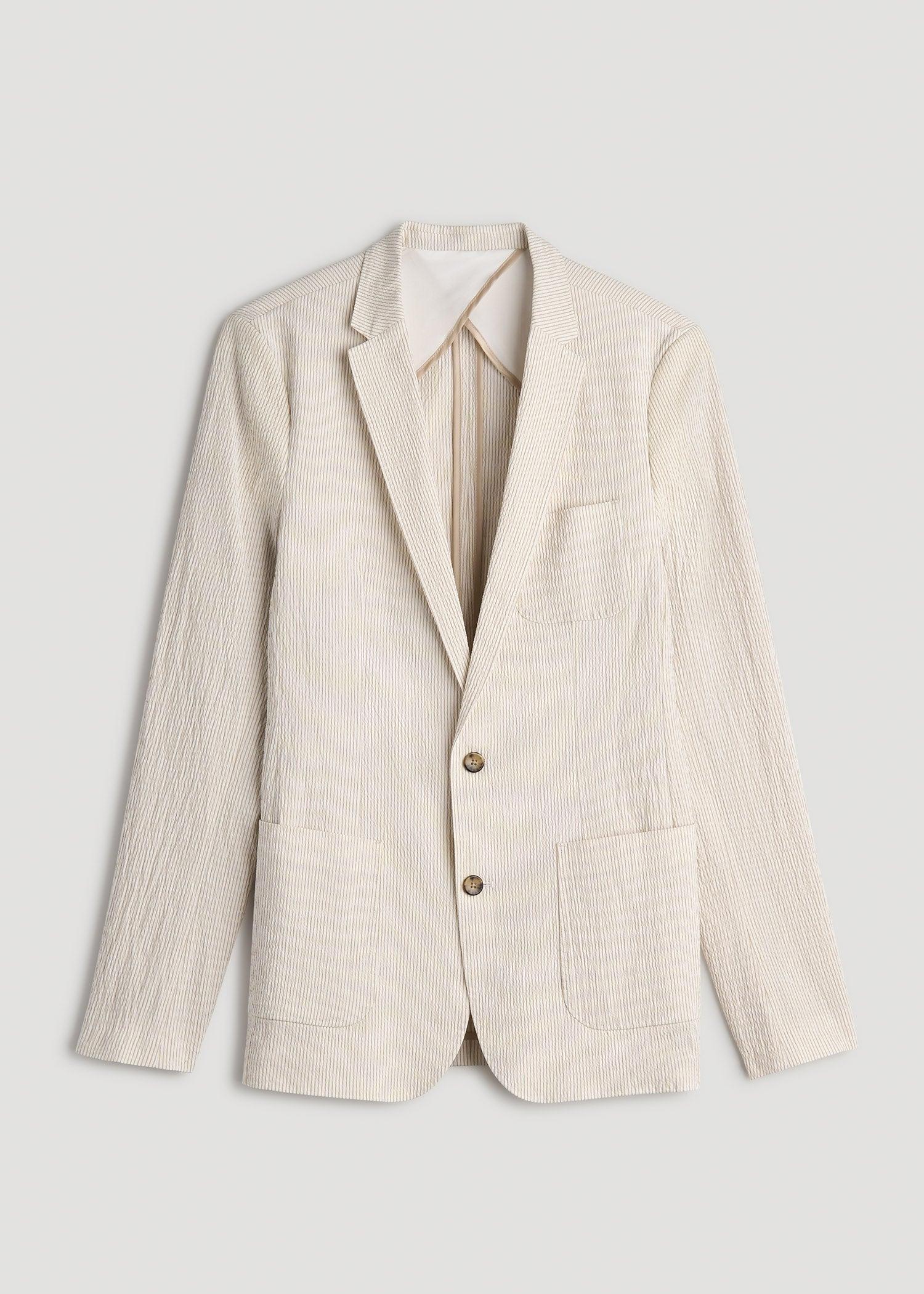 Stretch Seersucker Blazer for Tall Men in Off White and Beige Stripe Product Image