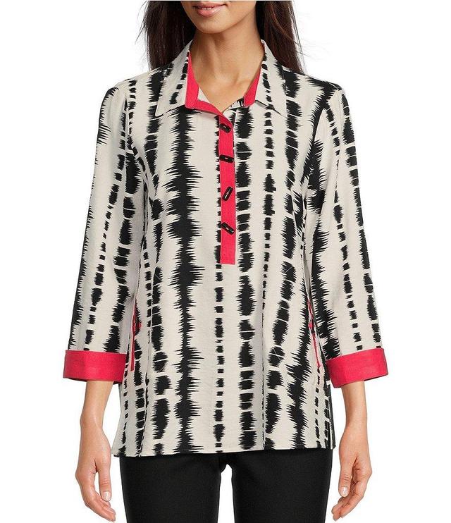 Ali Miles Woven Pop Over Point Collar Cuffed 3/4 Sleeve Button Placket Printed Tunic Product Image