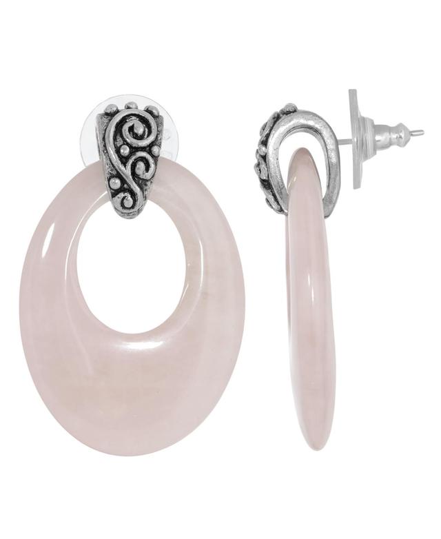 1928 Jewelry Pewter Oval Rose Quartz Hoop Earrings Product Image