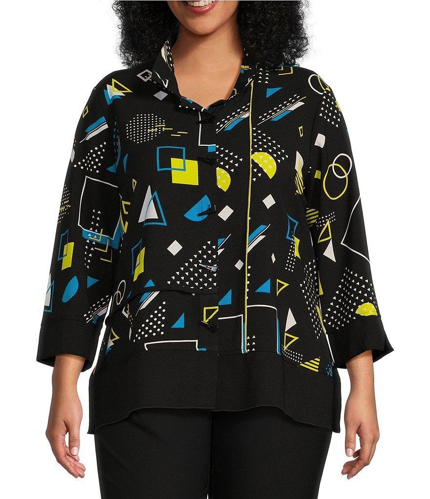 Ali Miles Plus Size Abstract Print Wire Collar 3/4 Sleeve Uneven Hem Button-Front Tunic Product Image