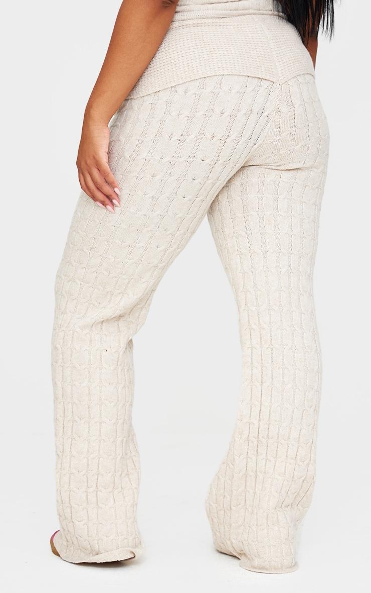 Plus Oatmeal Marl Textured Knit Foldover Wide Leg Pants Product Image