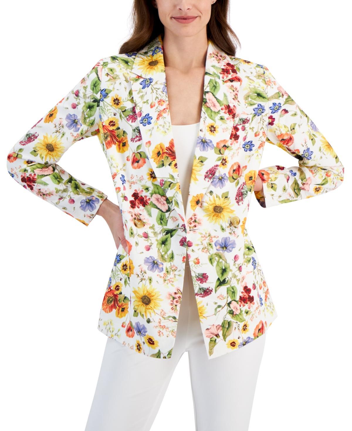 T Tahari Womens Floral-Printed Linen-Blend Blazer Product Image