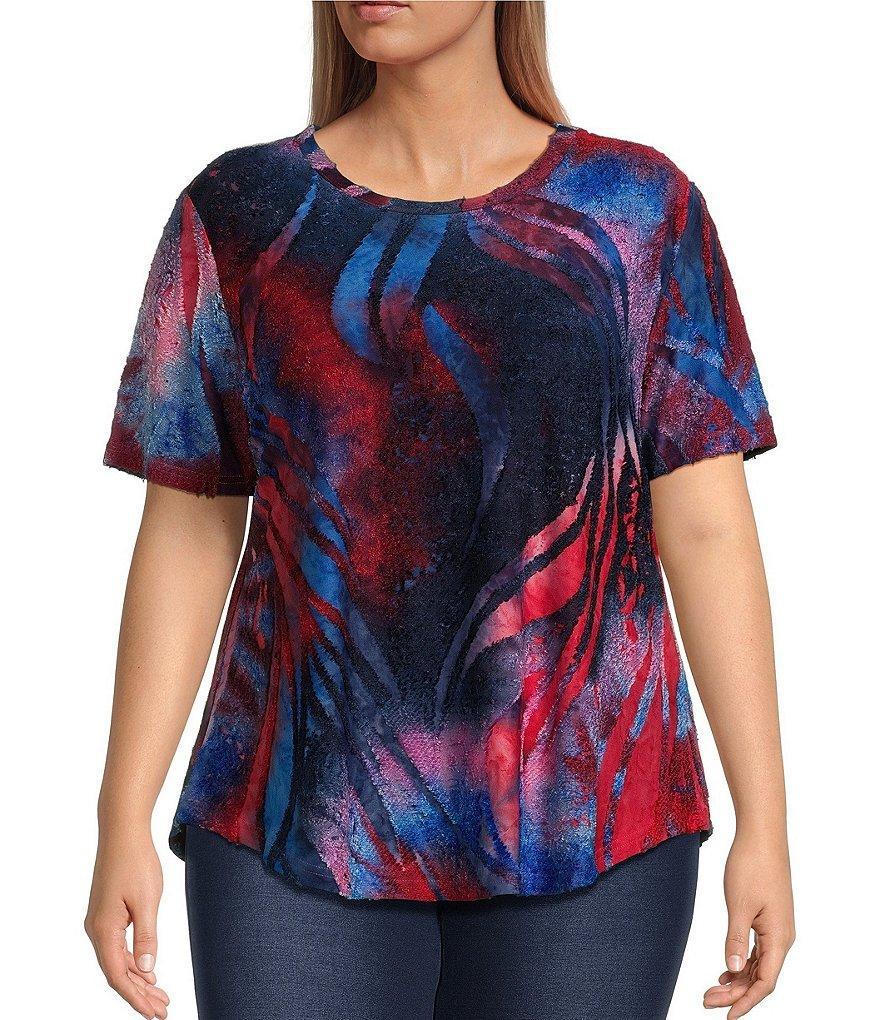 Calessa Plus Size Burnout Tie Dye Crew Neck Short Sleeve Top Product Image