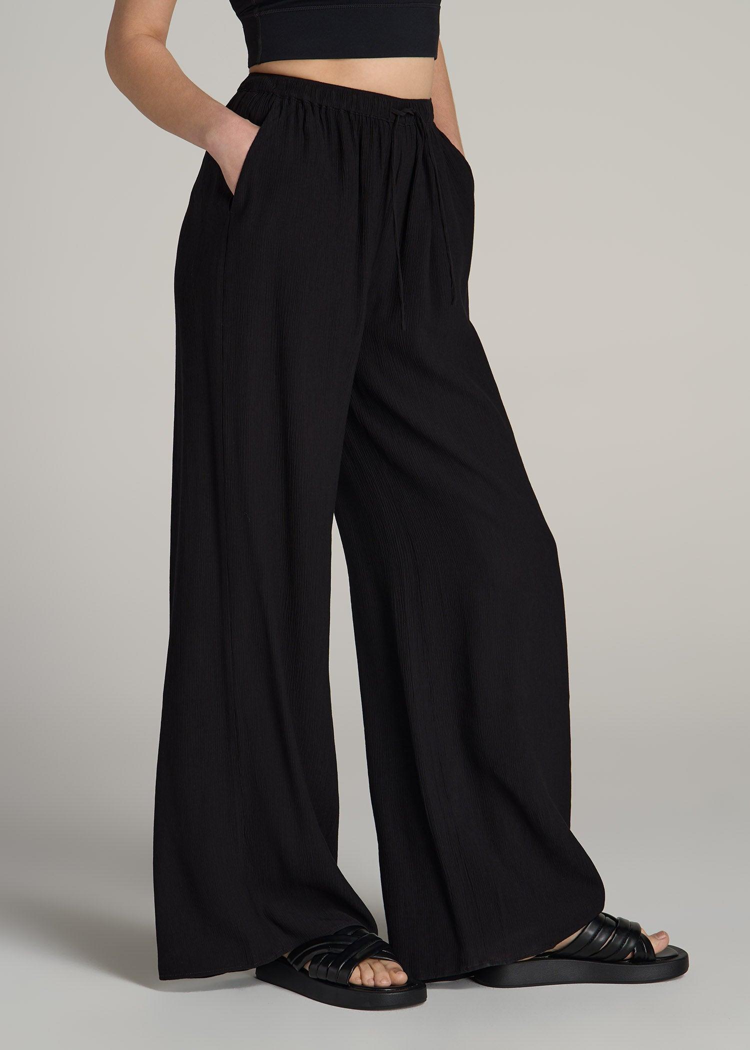 Crinkle Pull-on Wide-leg Pants for Tall Women in Black Product Image