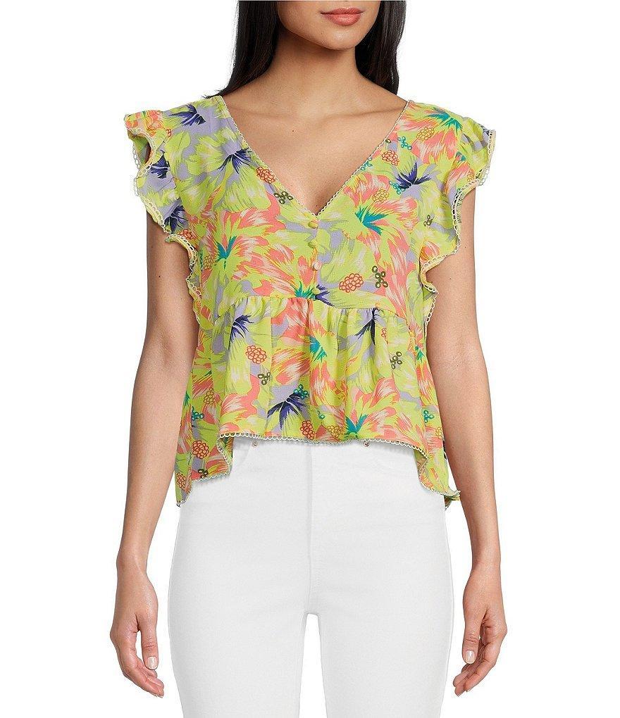 Jessica Simpson Peyton Tropical Floral Printed Flutter Sleeve Peplum Blouse Product Image