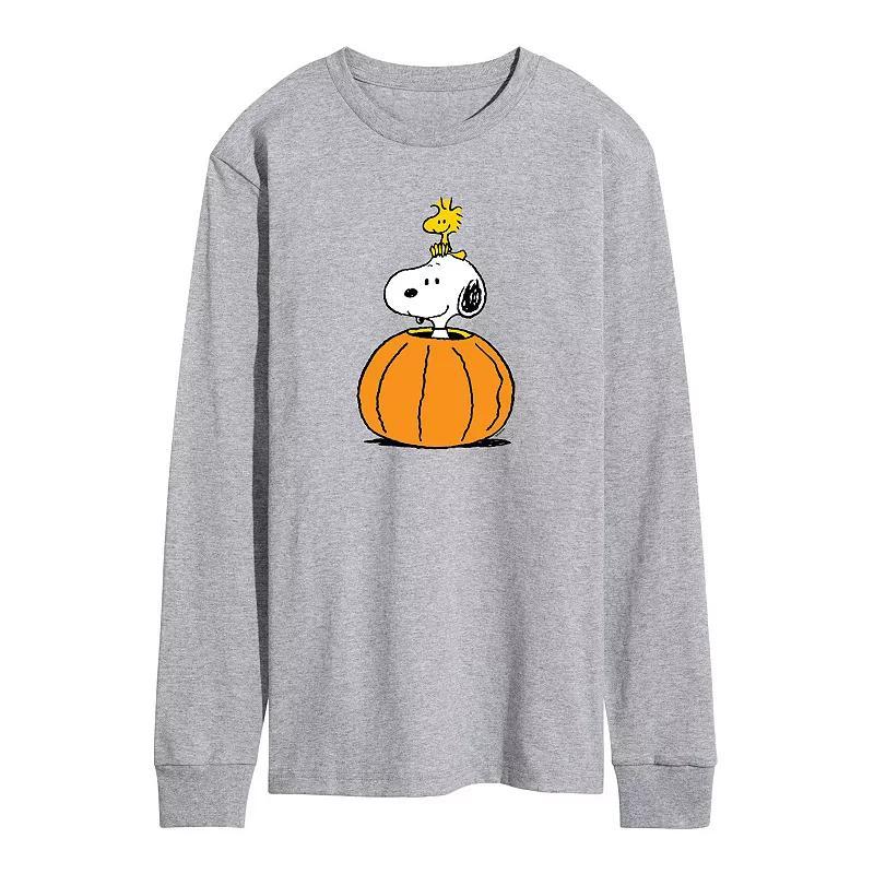 Mens Peanuts Snoopy Woodstock Pumpkin Long Sleeve Graphic Tee Grey Gray Product Image