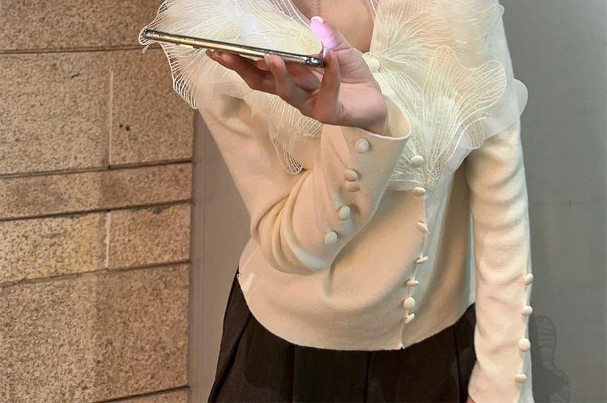 Long-Sleeve V-Neck Plain Lace Panel Button Accent Top Product Image