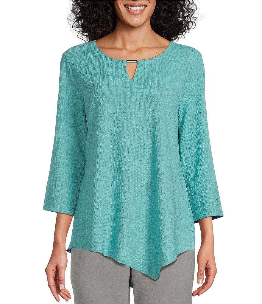 Allison Daley 3/4 Sleeve Keyhole Neck Asymmetric Hem Crinkle Knit Top Product Image