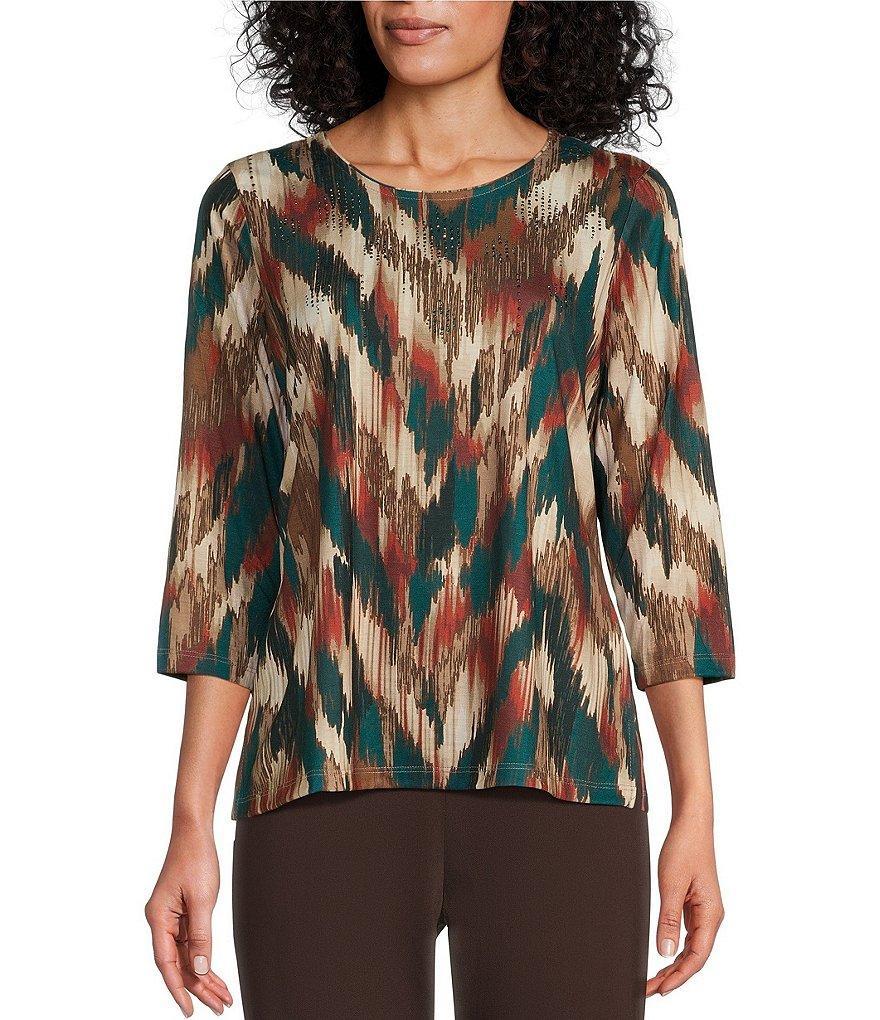 Allison Daley Embellished Spruce Ikat Herringbone Print 3/4 Sleeve Crew Neck Knit Top Product Image