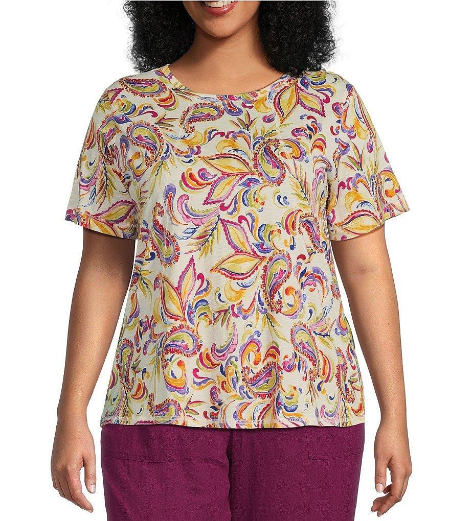 Westbound Plus Size Knit Paisley Short Sleeve Crew Neck Tee Shirt Product Image