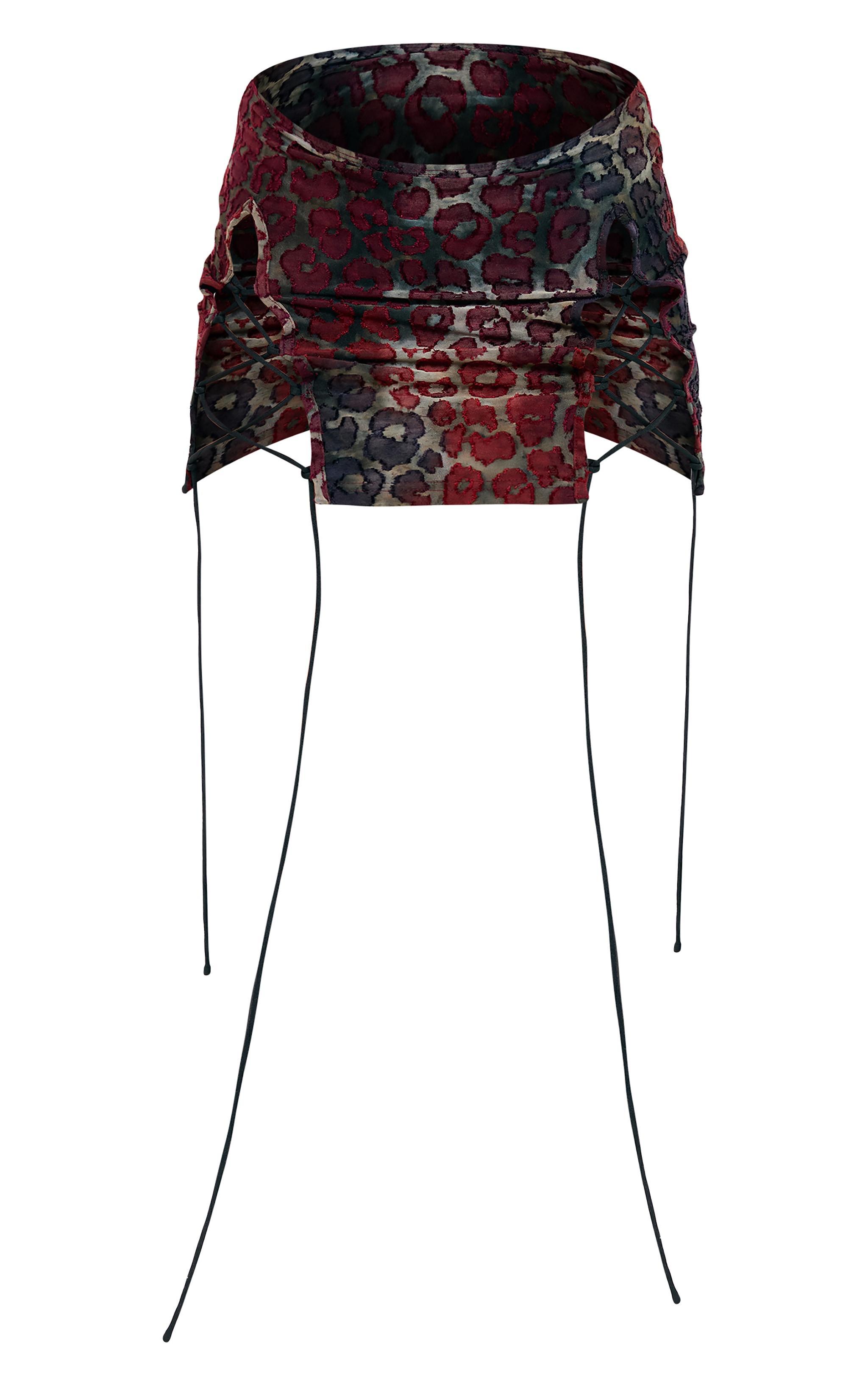 Burgundy Leopard Lace Up Detail Devore Mini Skirt Product Image