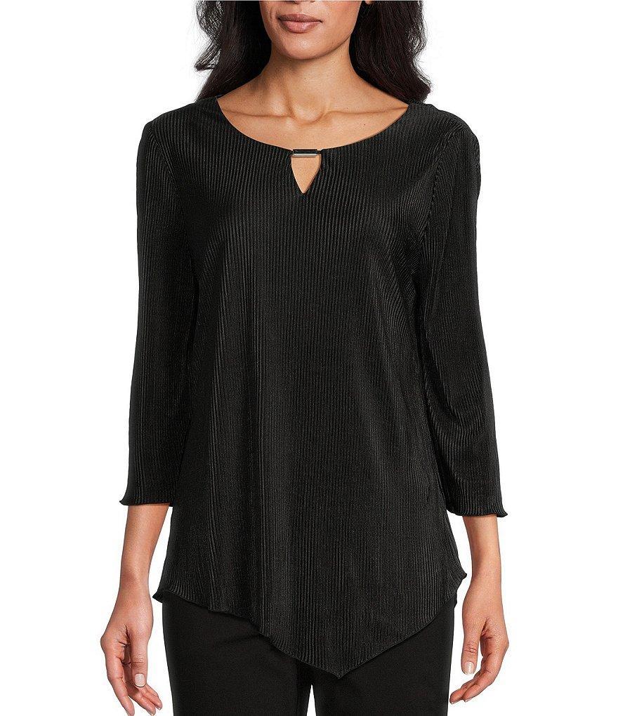 Allison Daley 3/4 Sleeve Keyhole Neck Asymmetric Hem Pleated Knit Top Product Image