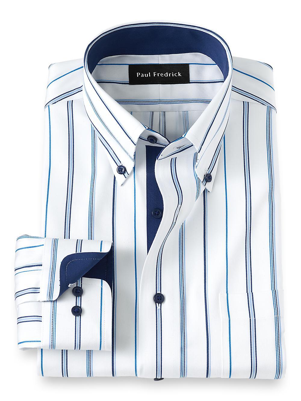 Slim Fit Non-iron Cotton Stripe Dress Shirt With Contrast Trim Product Image