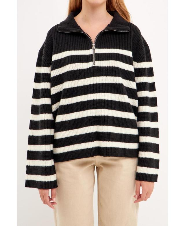 English Factory Womens Striped Half-Zip Sweater - Black Product Image