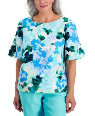 Petite 100% Linen Print Ruffle-Sleeve Top, Created for Macy's Product Image