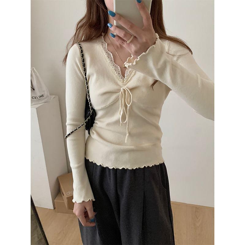 Long-Sleeve V-Neck Plain Bow Lettuce Edge Lace Trim Knit Top Product Image