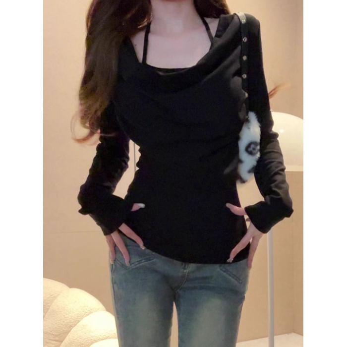 Cold-Shoulder Long-Sleeve Plain Shawl Collar T-Shirt Product Image