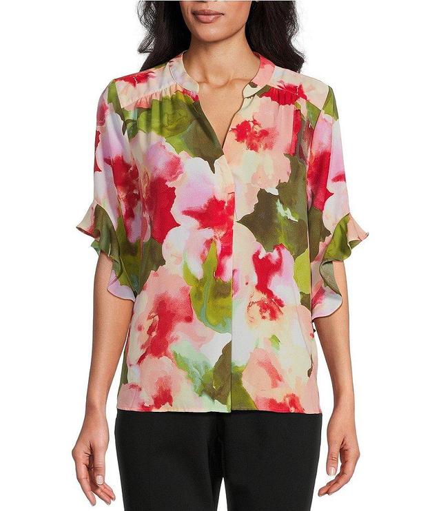 Investments Laikyn Signature Floral Wash Print V-Neck 3/4 Ruffled Sleeve Top Product Image