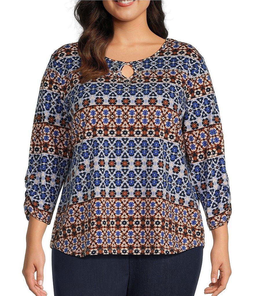 Allison Daley Plus Size Floral Batik Print 3/4 Ruched Sleeve Keyhole Neck Knit Top Product Image