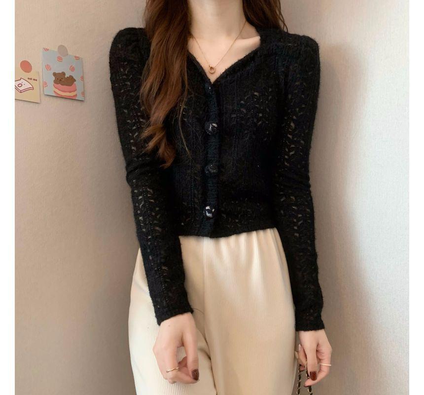 Long-Sleeve V-Neck Plain Lace Cropped Blouse Product Image