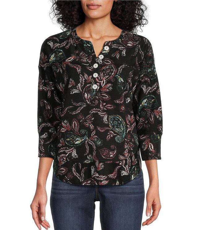 Westbound Paisley Leaves Print Long Sleeve Henley Curved Hem Top Product Image