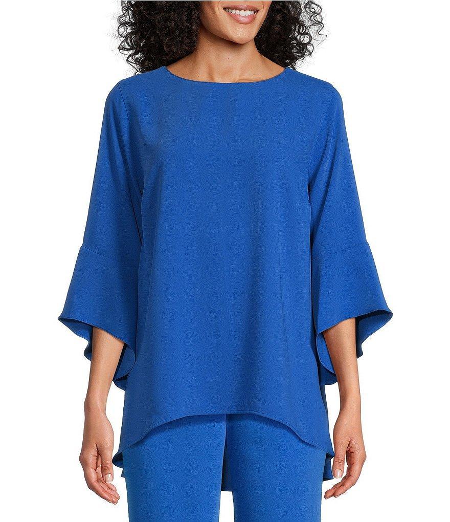 Caroline Rose Julia Matte Crepe Crew Neck 3/4 Ruffled Sleeve High-Low Hem Top Product Image