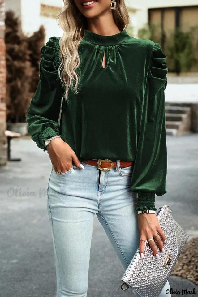 Olivia Mark – Blackish Green Velvet Blouse with Mock Neck and Puff Sleeves Product Image