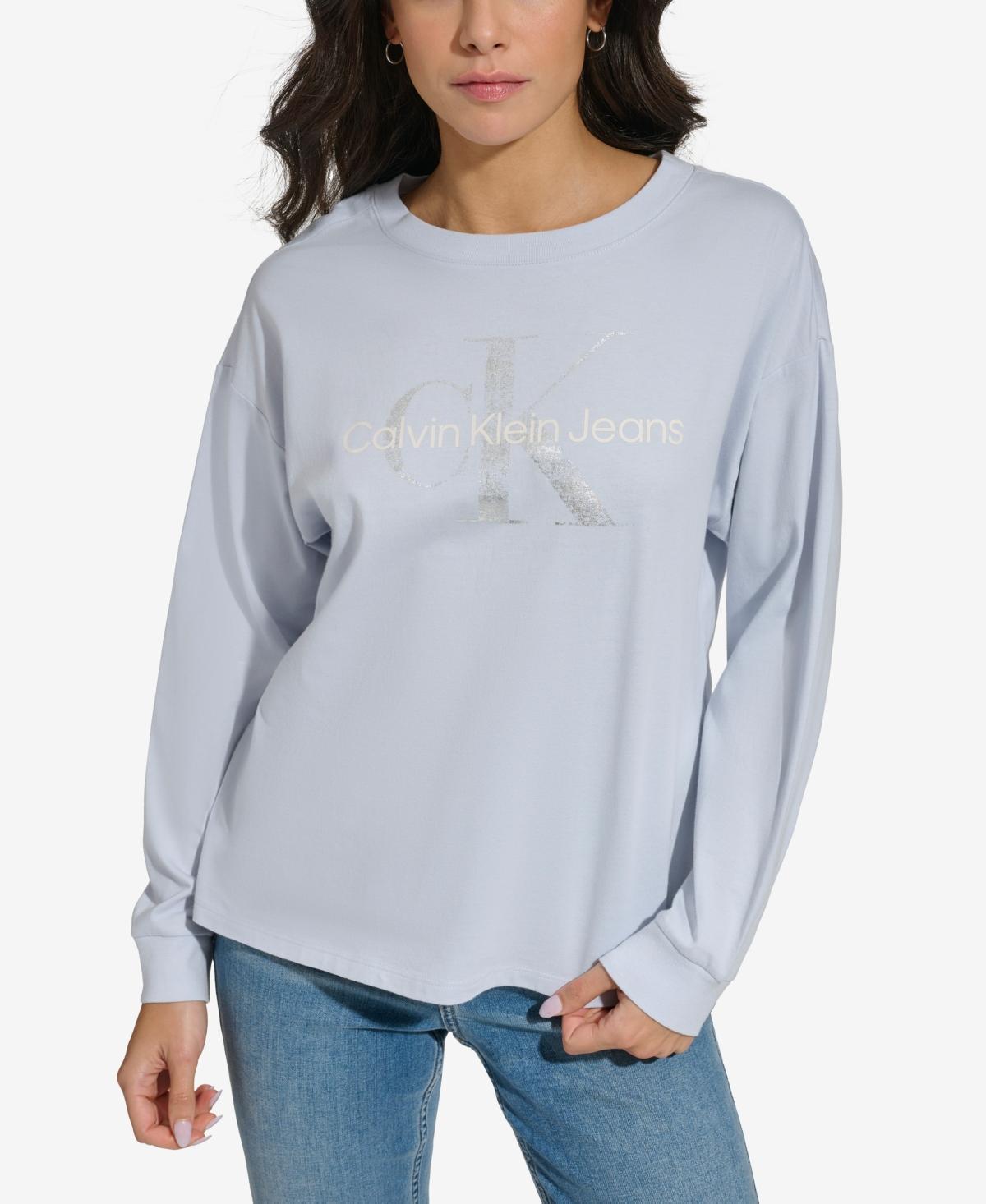 Calvin Klein Jeans Womens Monogram Logo Long-Sleeve T-Shirt - Powder Blue Product Image