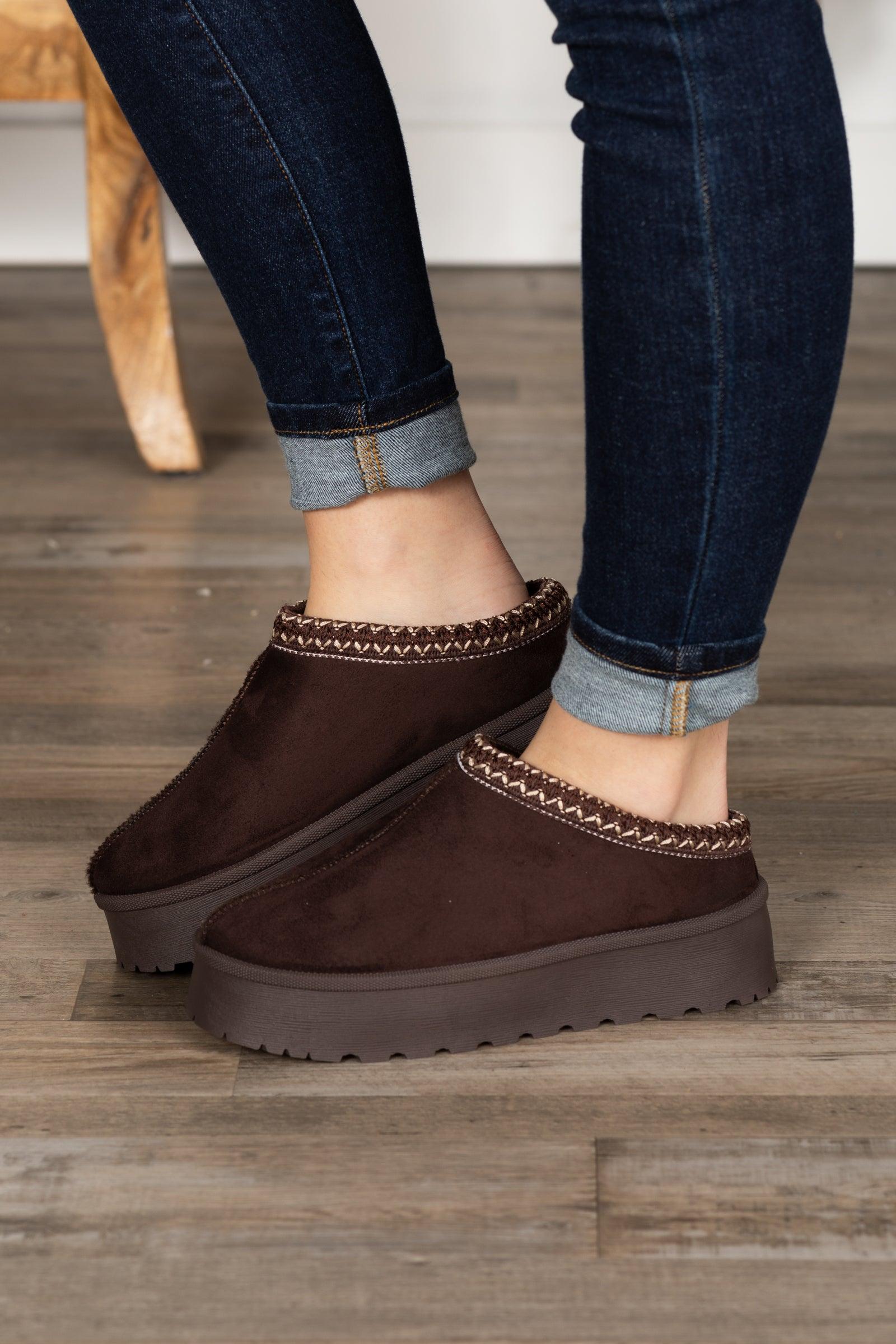 Brown Platform Sherpa Slip On Shoes With Seam Product Image