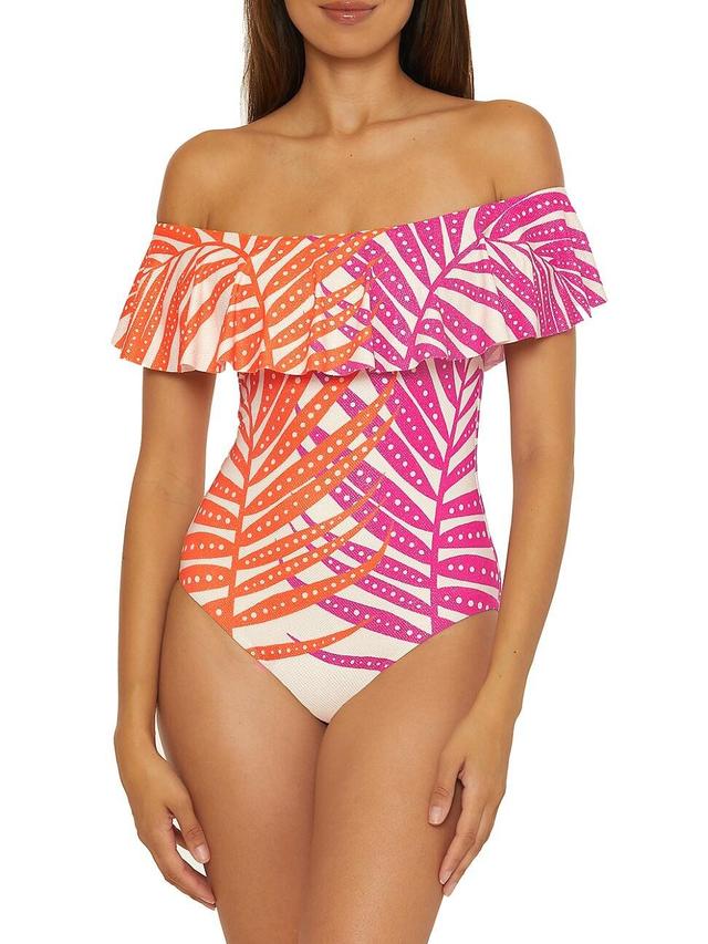 Womens Sheer Tropics Off-The-Shoulder One-Piece Swimsuit Product Image