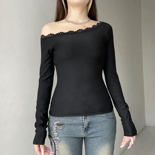 Long Sleeve One Shoulder Plain Lace Trim Top Product Image