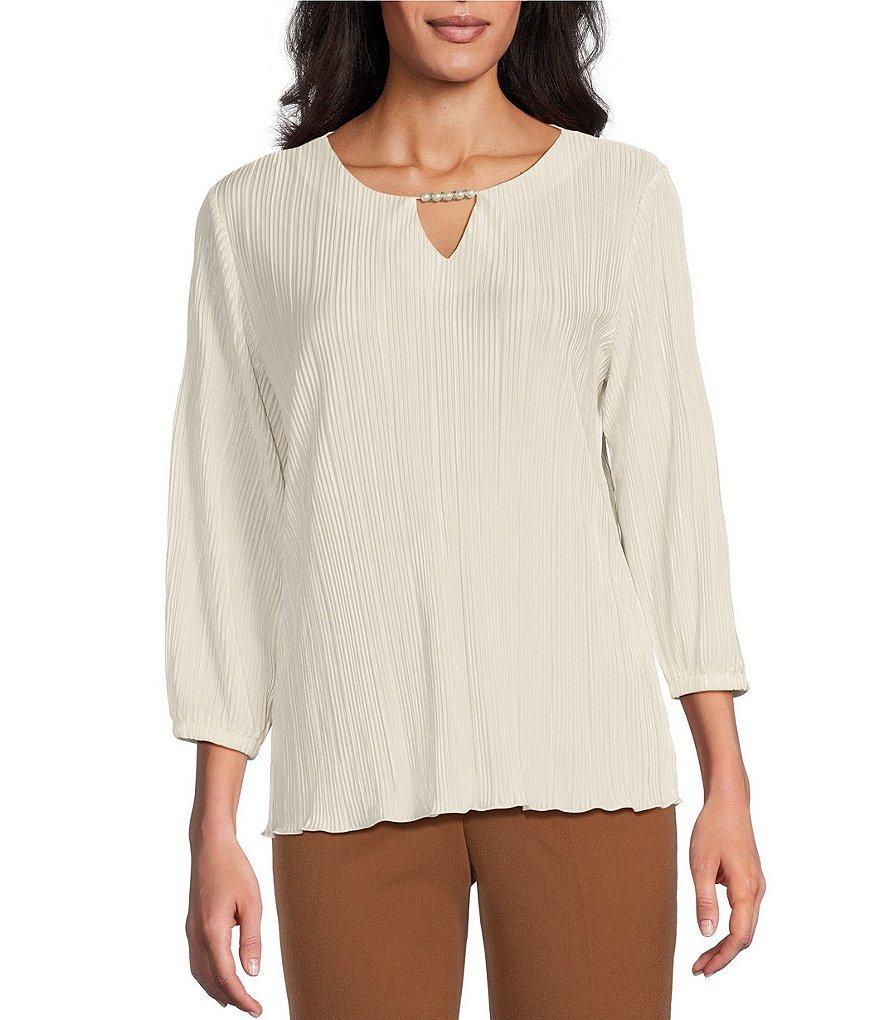 Allison Daley 3/4 Sleeve Keyhole Neck Pearl Chain Pleated Knit Top Product Image