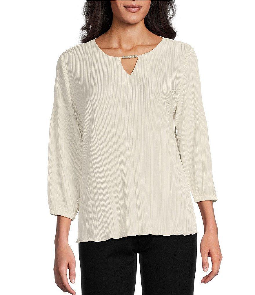 Allison Daley 3/4 Sleeve Keyhole Neck Pearl Chain Pleated Knit Top Product Image