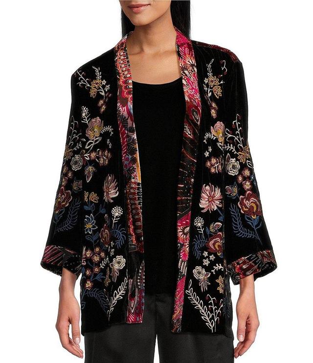 John Mark Petite Size Embroidered Floral Burnout Velvet 3/4 Sleeve Open-Front Kimono Product Image