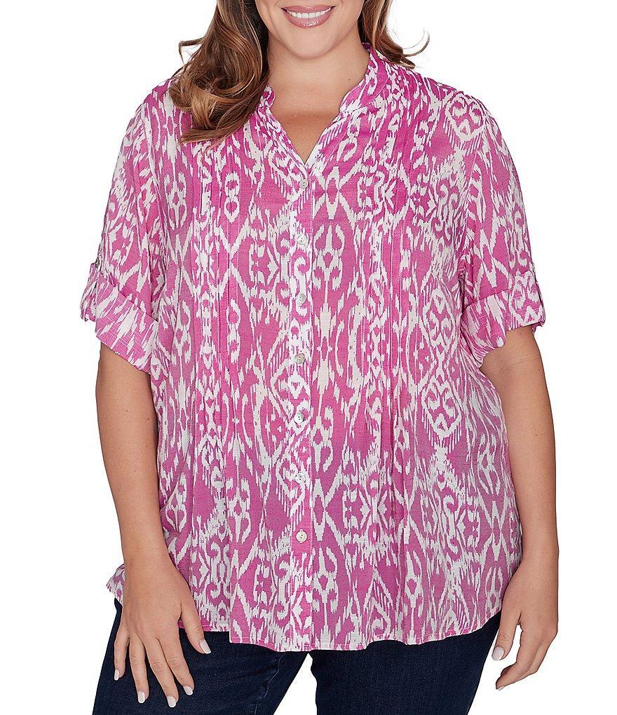 Ruby Rd. Plus Size Ikat Print Lotus Woven Band Collar Split V-Neck Roll-Tab Sleeve Pleat Detail Button-Down Blouse product image