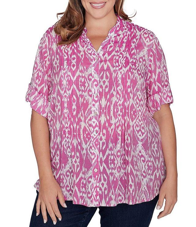 Ruby Rd. Plus Size Ikat Print Lotus Woven Band Collar Split V-Neck Roll-Tab Sleeve Pleat Detail Button-Down Blouse Product Image