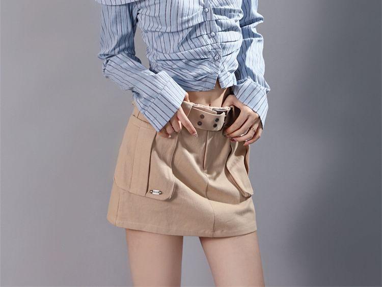 Long Sleeve Off-Shoulder Striped Slim-Fit Crop Top / High Waist Pocket Mini A-Line Skirt Product Image